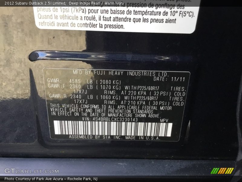 Deep Indigo Pearl / Warm Ivory 2012 Subaru Outback 2.5i Limited