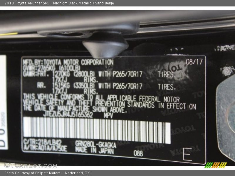 Midnight Black Metallic / Sand Beige 2018 Toyota 4Runner SR5