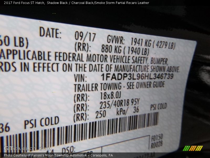 Shadow Black / Charcoal Black/Smoke Storm Partial Recaro Leather 2017 Ford Focus ST Hatch