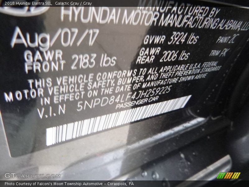 Galactic Gray / Gray 2018 Hyundai Elantra SEL