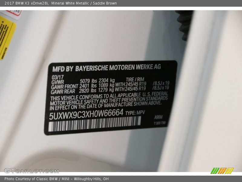 Mineral White Metallic / Saddle Brown 2017 BMW X3 xDrive28i