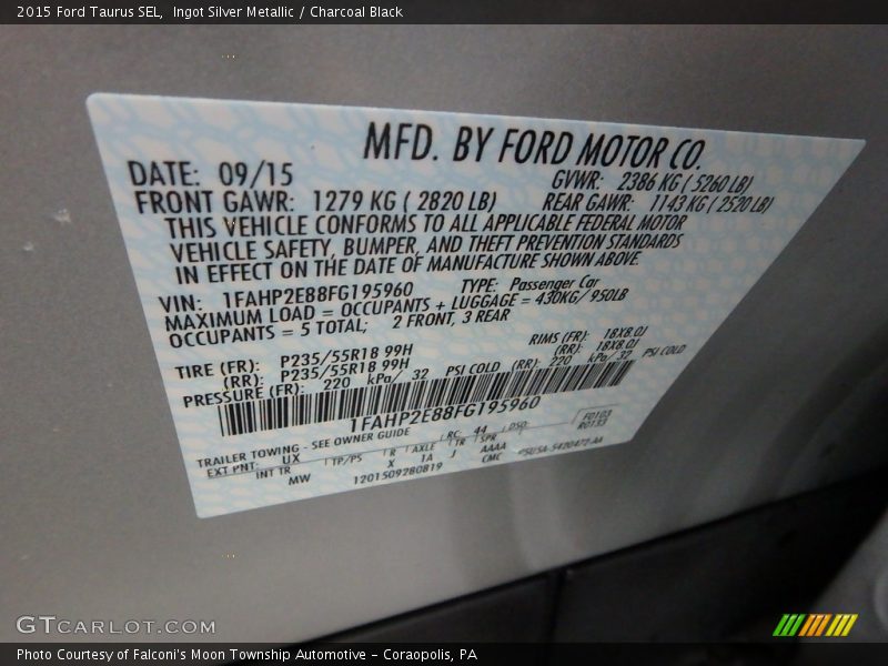 Ingot Silver Metallic / Charcoal Black 2015 Ford Taurus SEL
