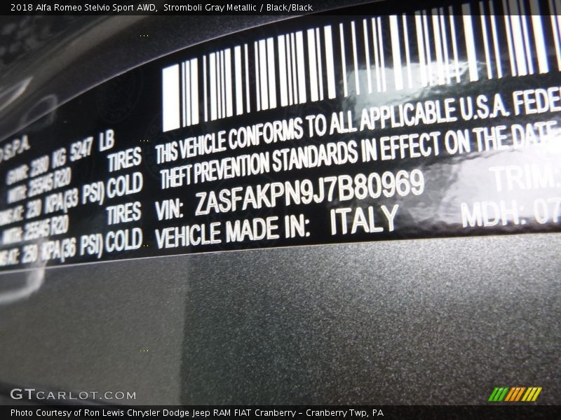 Stromboli Gray Metallic / Black/Black 2018 Alfa Romeo Stelvio Sport AWD