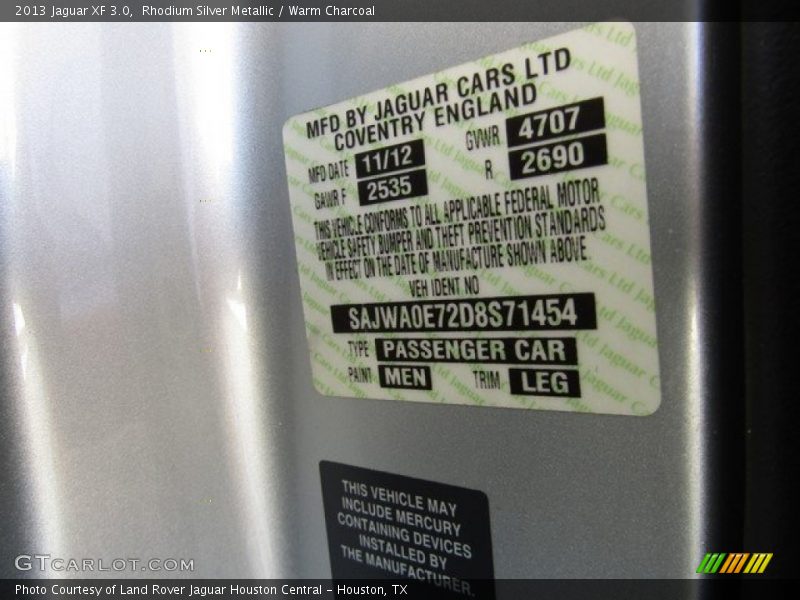 Rhodium Silver Metallic / Warm Charcoal 2013 Jaguar XF 3.0