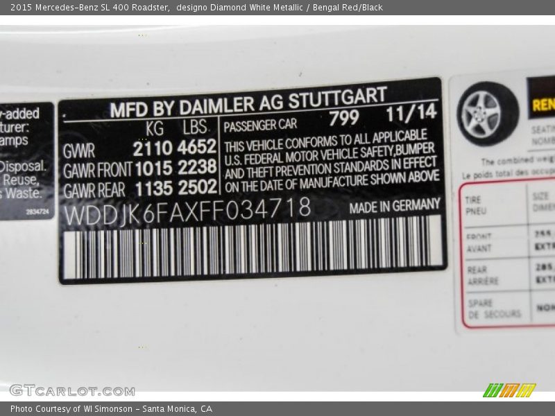 designo Diamond White Metallic / Bengal Red/Black 2015 Mercedes-Benz SL 400 Roadster