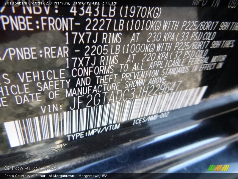 Dark Gray Metallic / Black 2018 Subaru Crosstrek 2.0i Premium