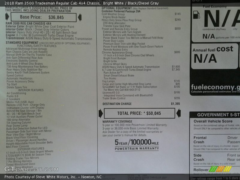 Bright White / Black/Diesel Gray 2018 Ram 3500 Tradesman Regular Cab 4x4 Chassis