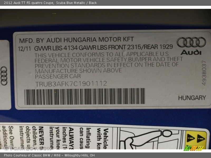 Scuba Blue Metallic / Black 2012 Audi TT RS quattro Coupe