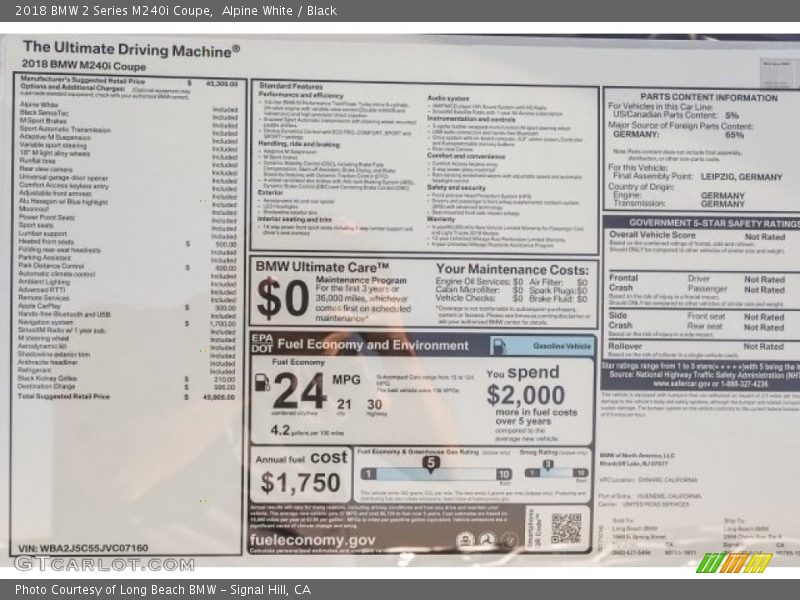 Alpine White / Black 2018 BMW 2 Series M240i Coupe