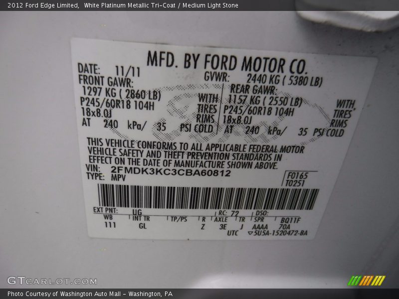 White Platinum Metallic Tri-Coat / Medium Light Stone 2012 Ford Edge Limited