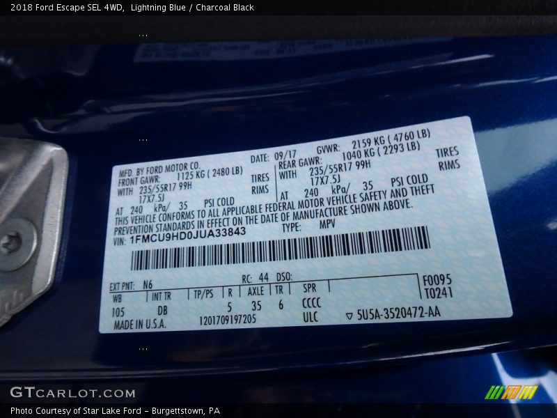 2018 Escape SEL 4WD Lightning Blue Color Code N6