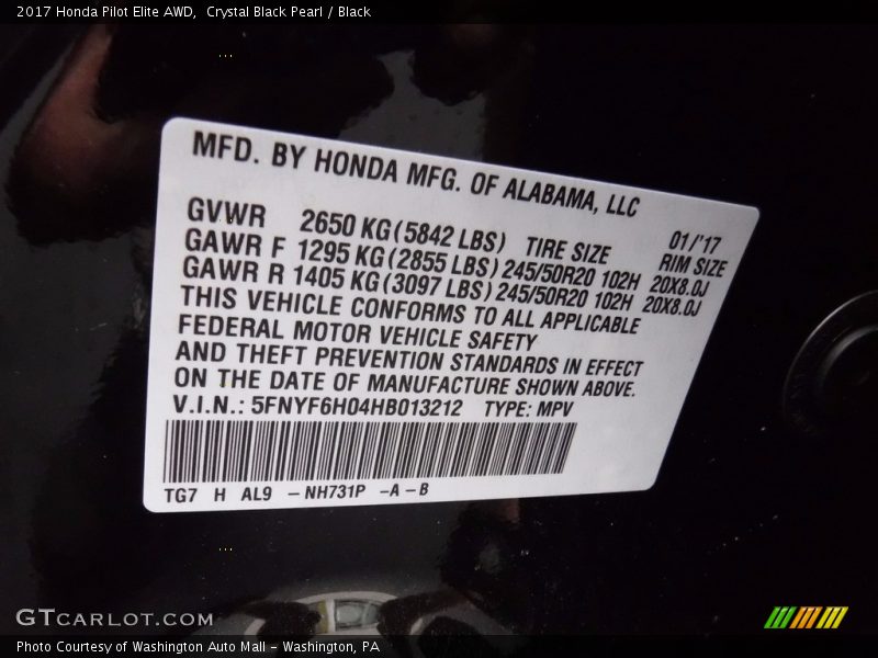 Crystal Black Pearl / Black 2017 Honda Pilot Elite AWD