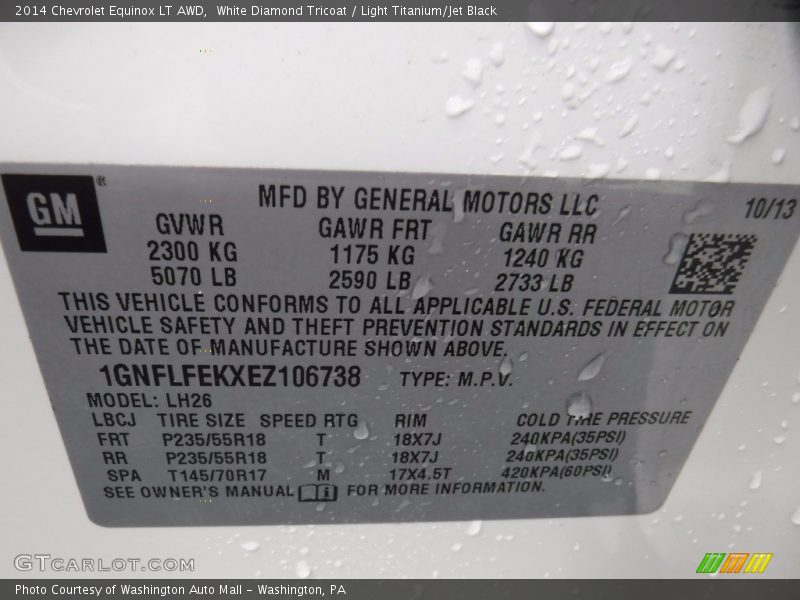 White Diamond Tricoat / Light Titanium/Jet Black 2014 Chevrolet Equinox LT AWD