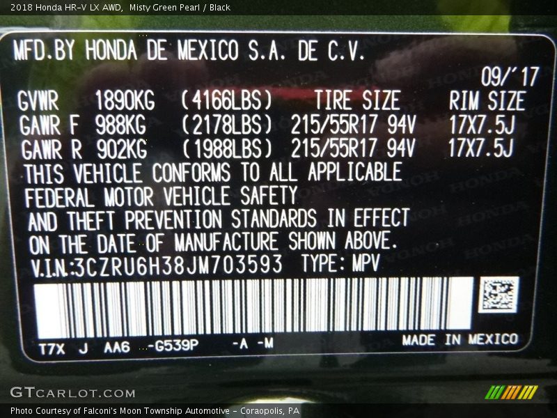 Misty Green Pearl / Black 2018 Honda HR-V LX AWD