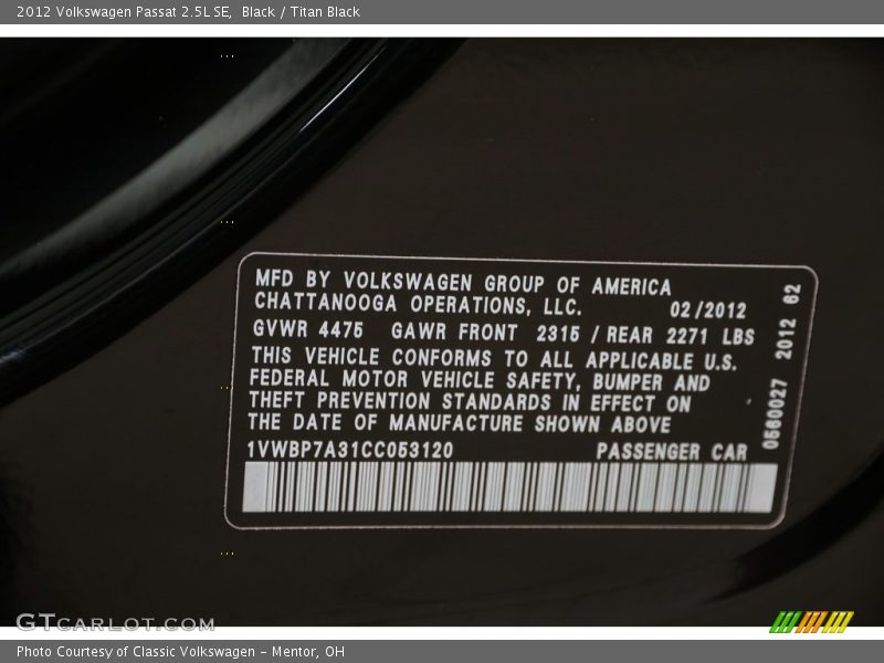 Black / Titan Black 2012 Volkswagen Passat 2.5L SE