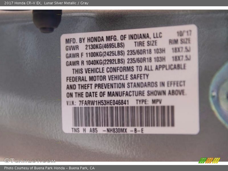 Lunar Silver Metallic / Gray 2017 Honda CR-V EX