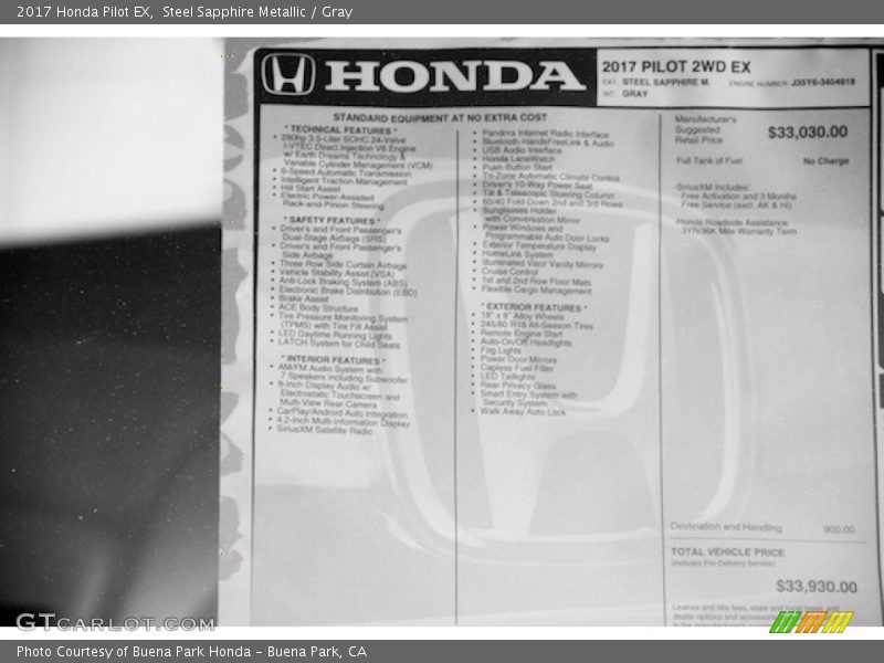 Steel Sapphire Metallic / Gray 2017 Honda Pilot EX