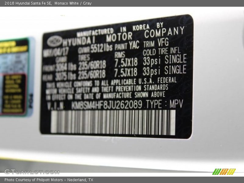 Monaco White / Gray 2018 Hyundai Santa Fe SE