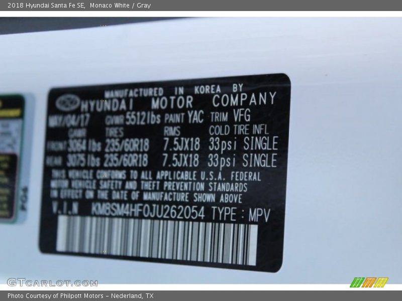 Monaco White / Gray 2018 Hyundai Santa Fe SE