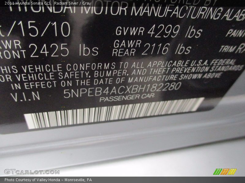 Radiant Silver / Gray 2011 Hyundai Sonata GLS
