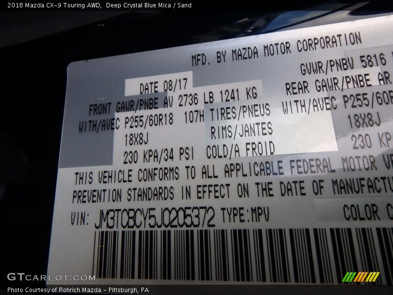Deep Crystal Blue Mica / Sand 2018 Mazda CX-9 Touring AWD