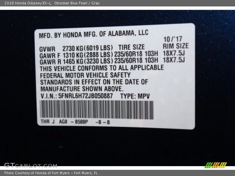 Obsidian Blue Pearl / Gray 2018 Honda Odyssey EX-L