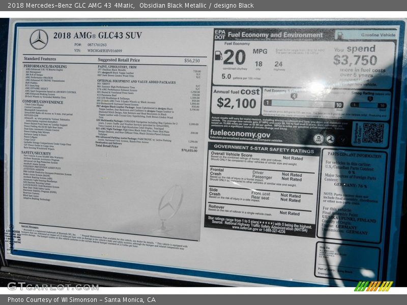  2018 GLC AMG 43 4Matic Window Sticker