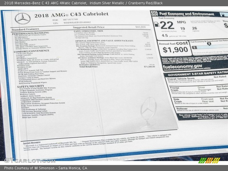  2018 C 43 AMG 4Matic Cabriolet Window Sticker