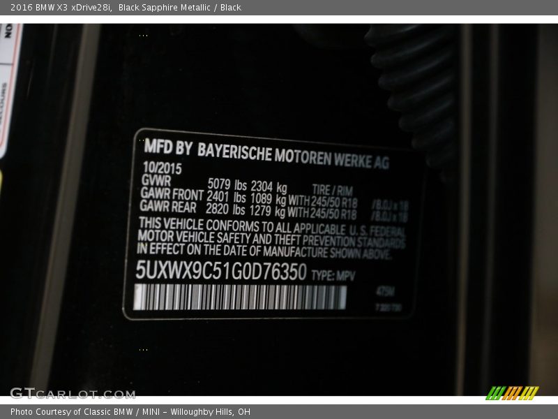 Black Sapphire Metallic / Black 2016 BMW X3 xDrive28i