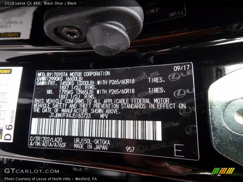 2018 GX 460 Black Onyx Color Code 202