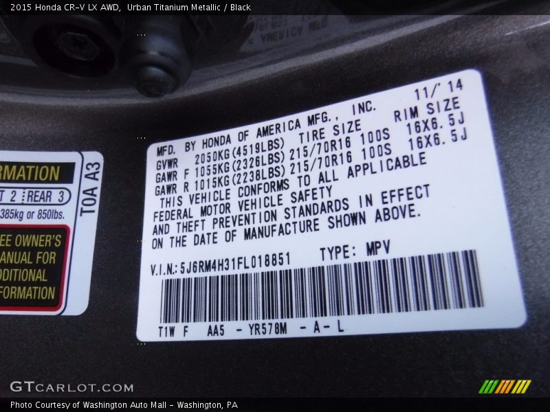 Urban Titanium Metallic / Black 2015 Honda CR-V LX AWD