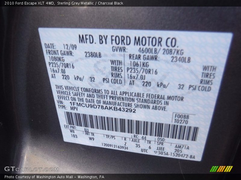 Sterling Grey Metallic / Charcoal Black 2010 Ford Escape XLT 4WD