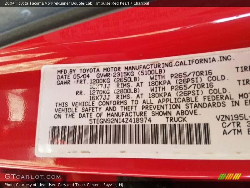 Impulse Red Pearl / Charcoal 2004 Toyota Tacoma V6 PreRunner Double Cab