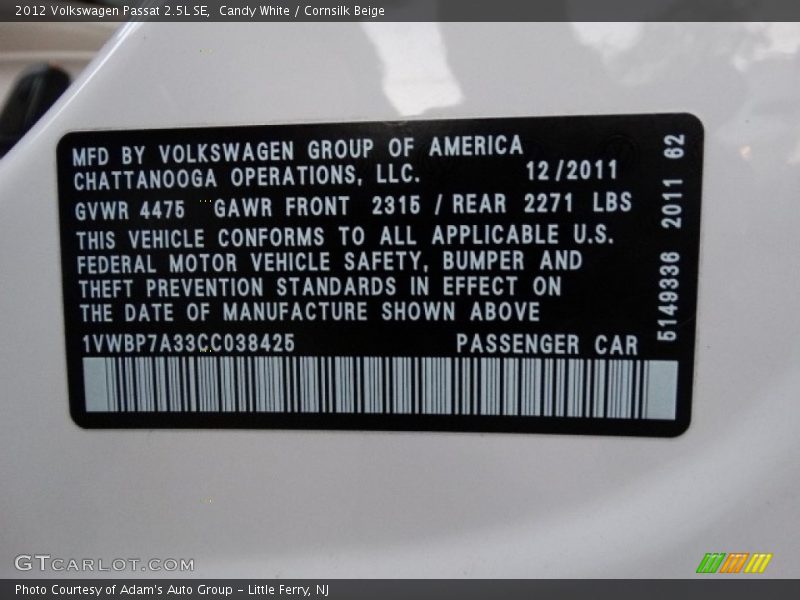Candy White / Cornsilk Beige 2012 Volkswagen Passat 2.5L SE