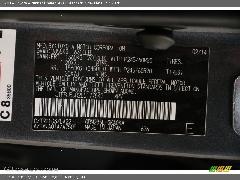 Magnetic Gray Metallic / Black 2014 Toyota 4Runner Limited 4x4