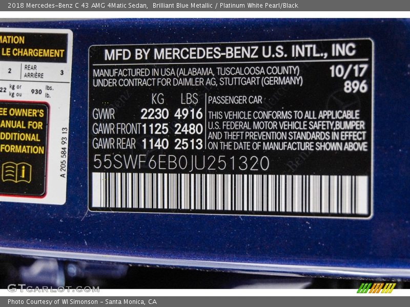 2018 C 43 AMG 4Matic Sedan Brilliant Blue Metallic Color Code 896