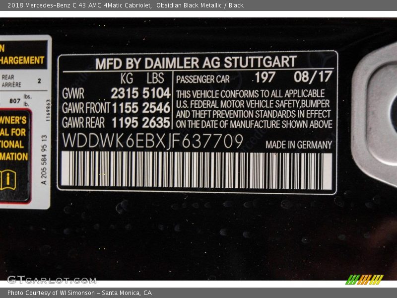 2018 C 43 AMG 4Matic Cabriolet Obsidian Black Metallic Color Code 197