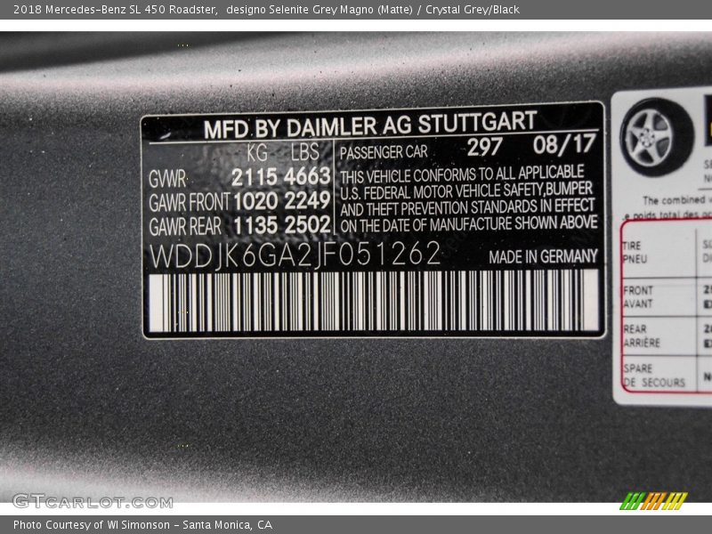 2018 SL 450 Roadster designo Selenite Grey Magno (Matte) Color Code 297
