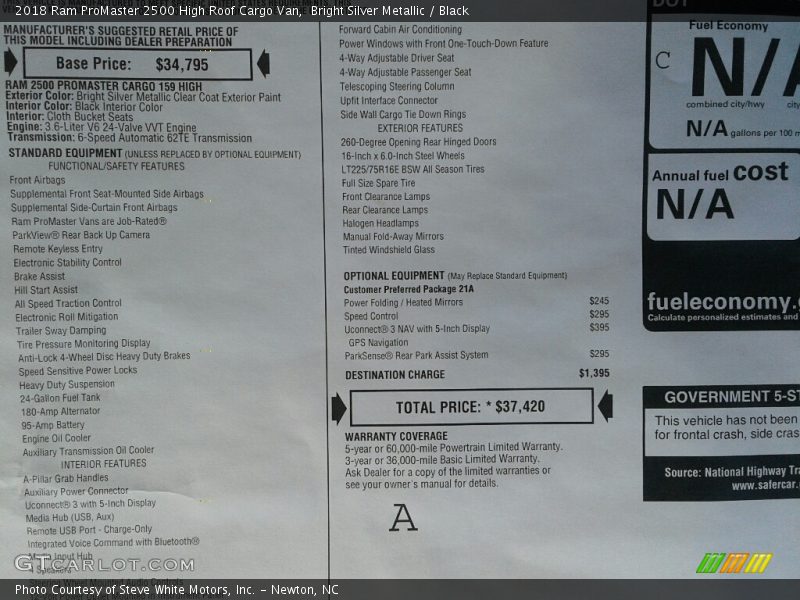  2018 ProMaster 2500 High Roof Cargo Van Window Sticker