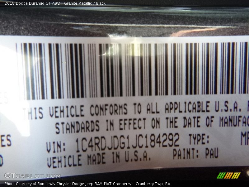 Granite Metallic / Black 2018 Dodge Durango GT AWD