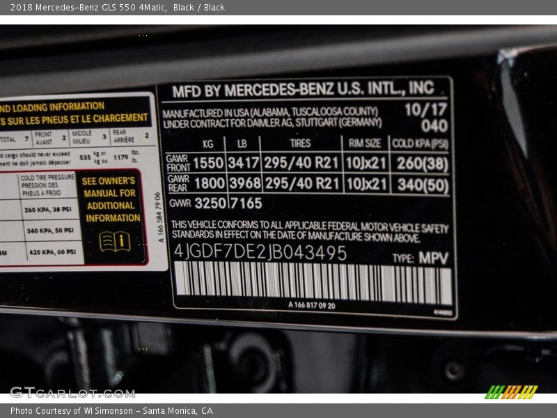 2018 GLS 550 4Matic Black Color Code 040