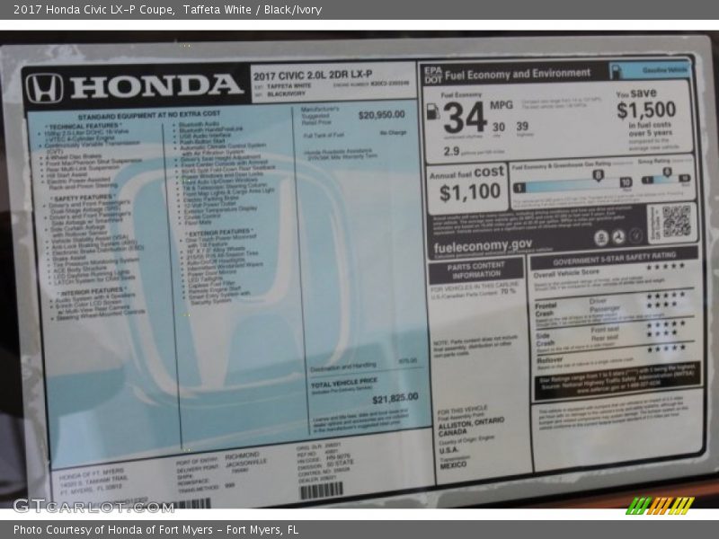 Taffeta White / Black/Ivory 2017 Honda Civic LX-P Coupe