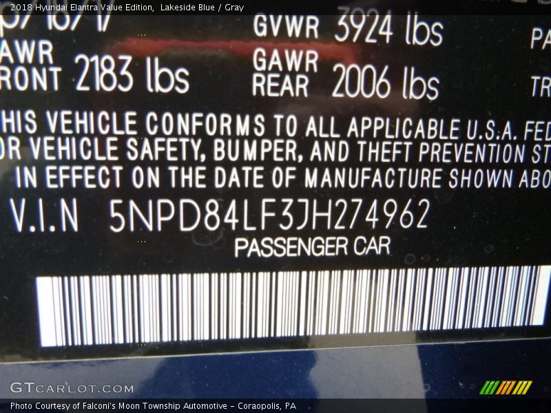 Lakeside Blue / Gray 2018 Hyundai Elantra Value Edition