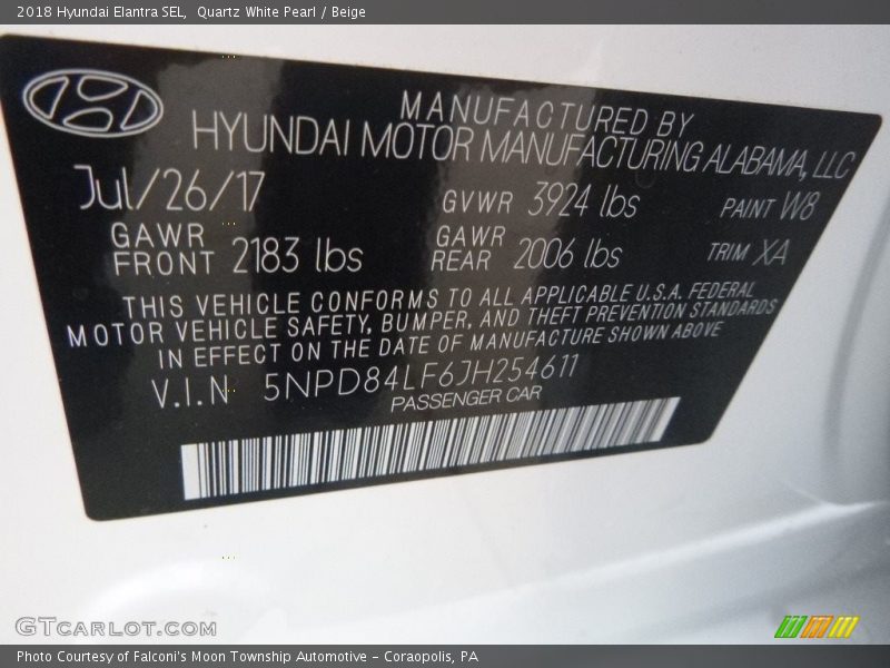 Quartz White Pearl / Beige 2018 Hyundai Elantra SEL