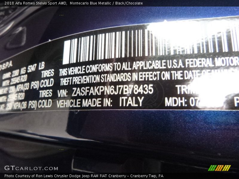 Montecarlo Blue Metallic / Black/Chocolate 2018 Alfa Romeo Stelvio Sport AWD