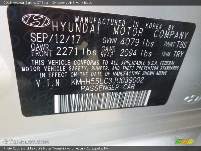 2018 Elantra GT Sport Symphony Air Silver Color Code T8S