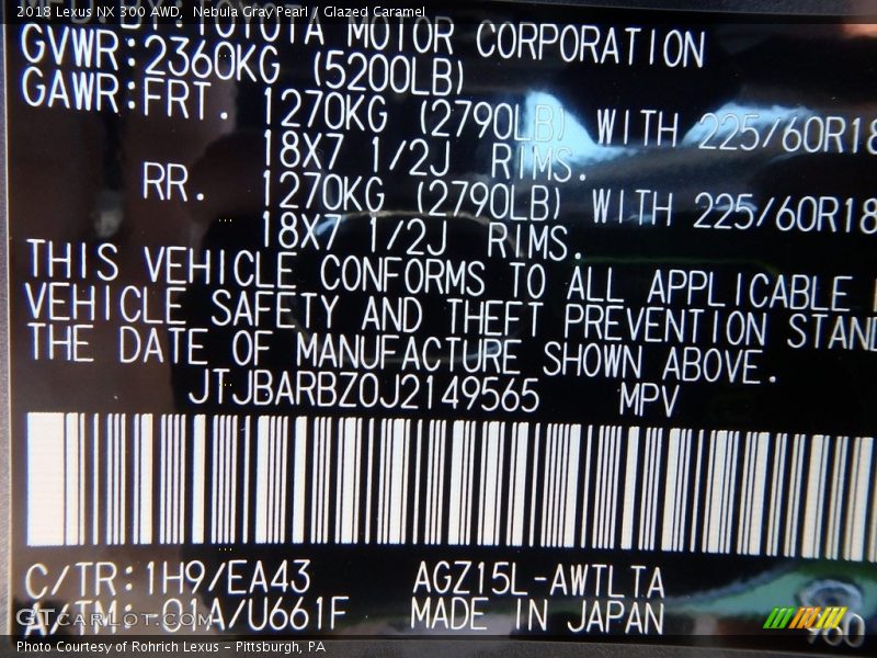 2018 NX 300 AWD Nebula Gray Pearl Color Code 1H9