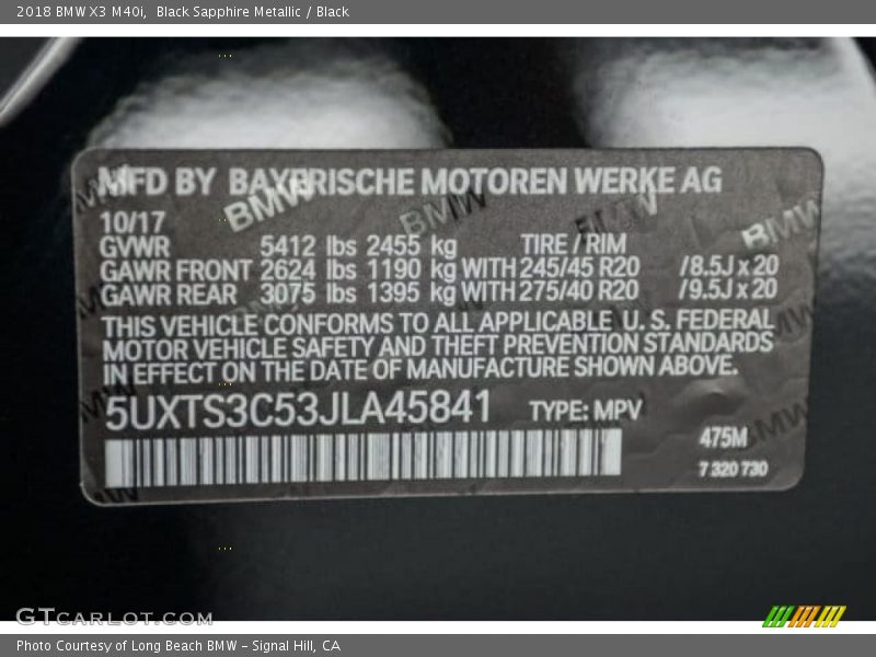 2018 X3 M40i Black Sapphire Metallic Color Code 475