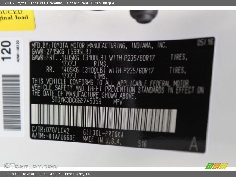 Blizzard Pearl / Dark Bisque 2016 Toyota Sienna XLE Premium