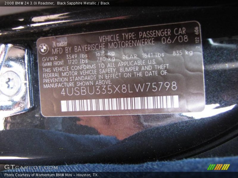 Black Sapphire Metallic / Black 2008 BMW Z4 3.0i Roadster
